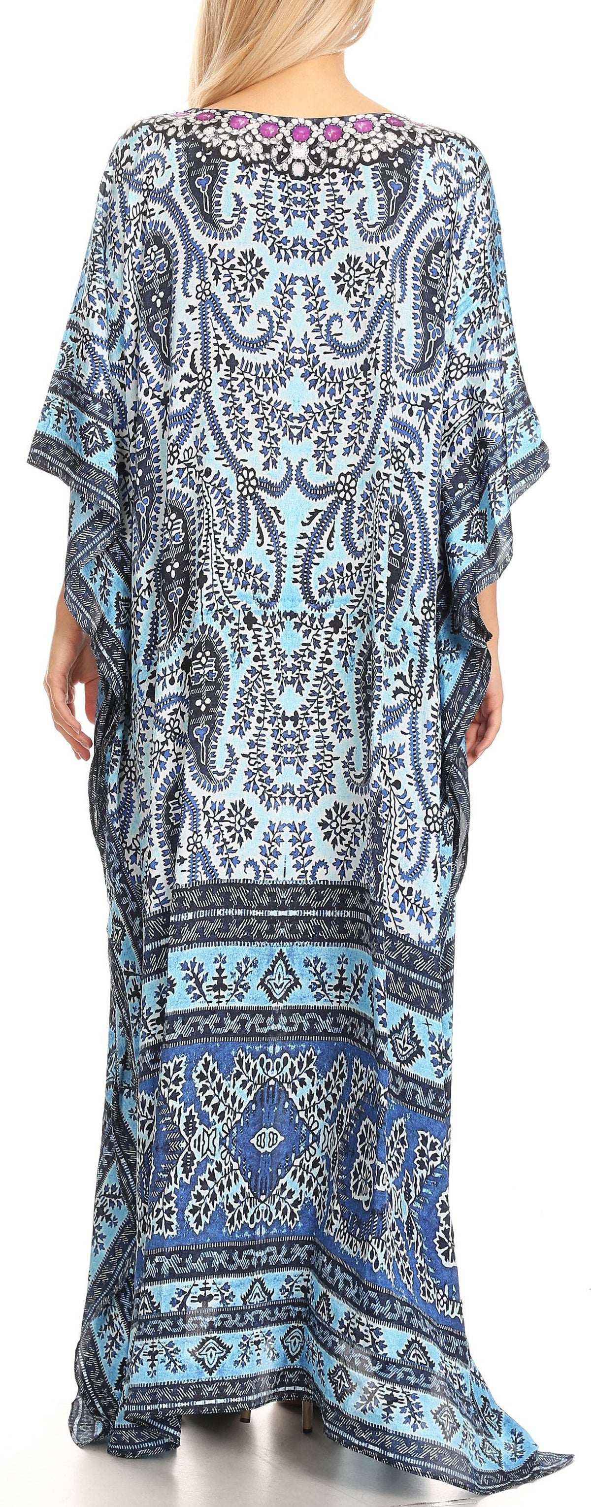 Sakkas Anahi Flowy Design V Neck Long Caftan Dress / Cover Up With Rhinestone