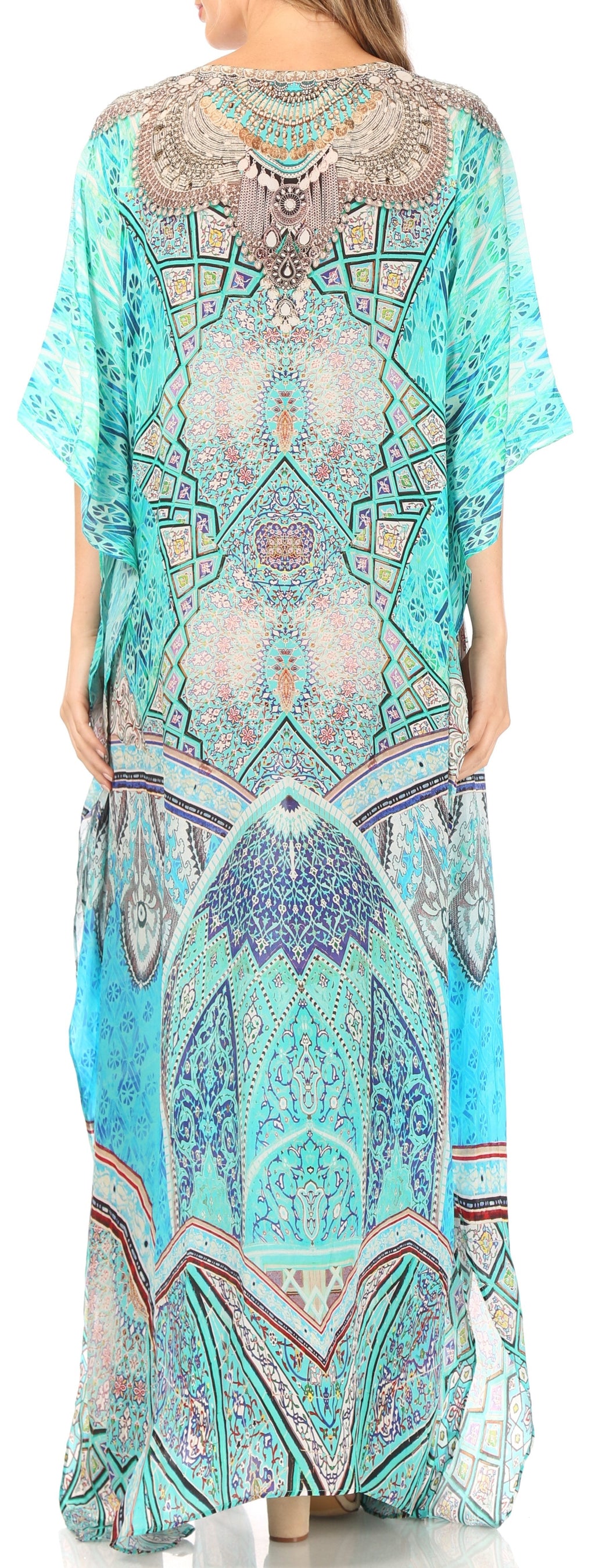 Sakkas Anahi Flowy Design V Neck Long Caftan Dress / Cover Up With Rhinestone