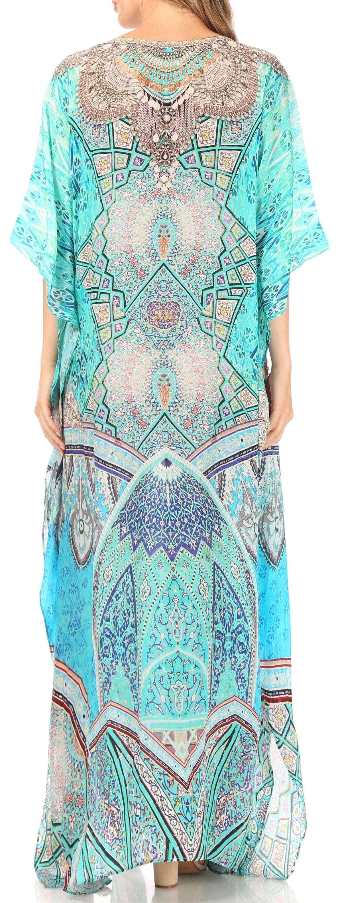 Sakkas Anahi Flowy Design V Neck Long Caftan Dress / Cover Up With Rhinestone