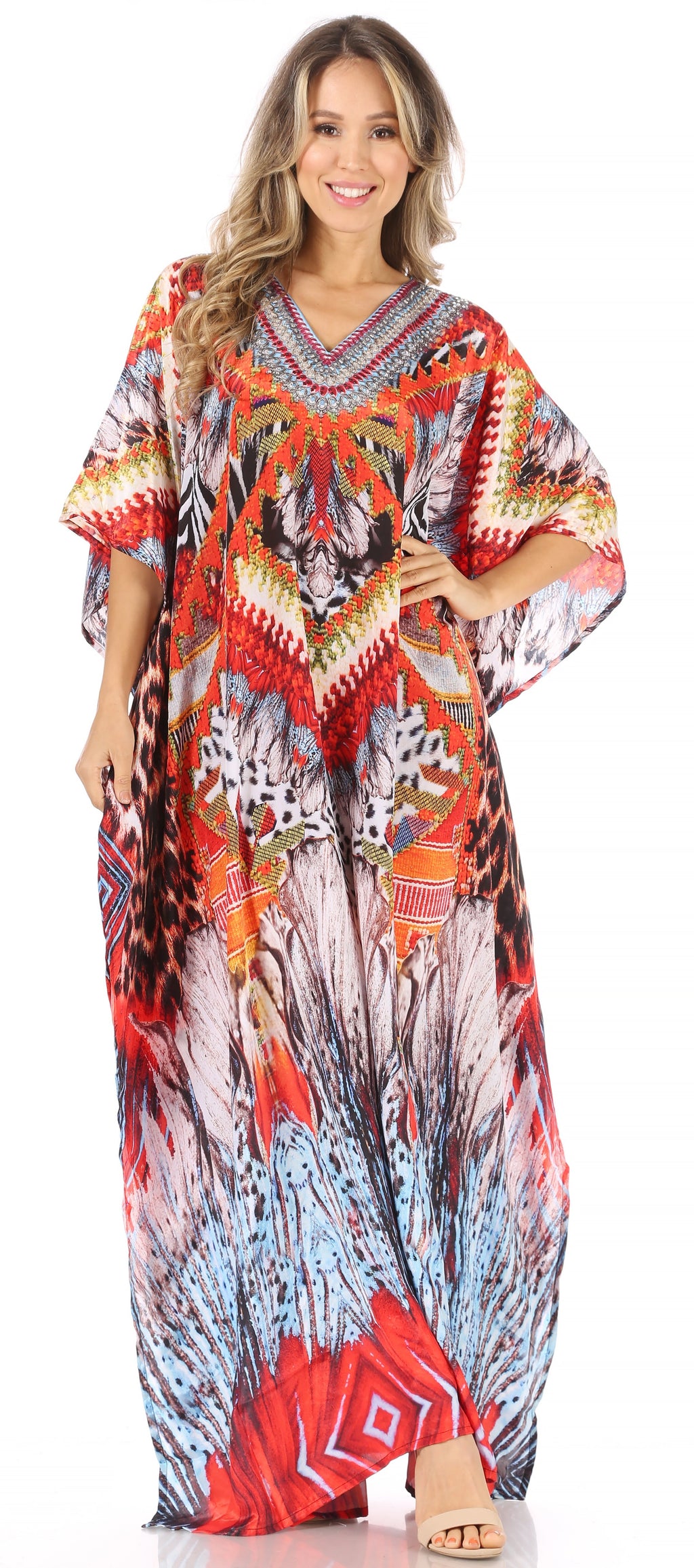 Sakkas Anahi Flowy Design V Neck Long Caftan Dress / Cover Up With Rhinestone