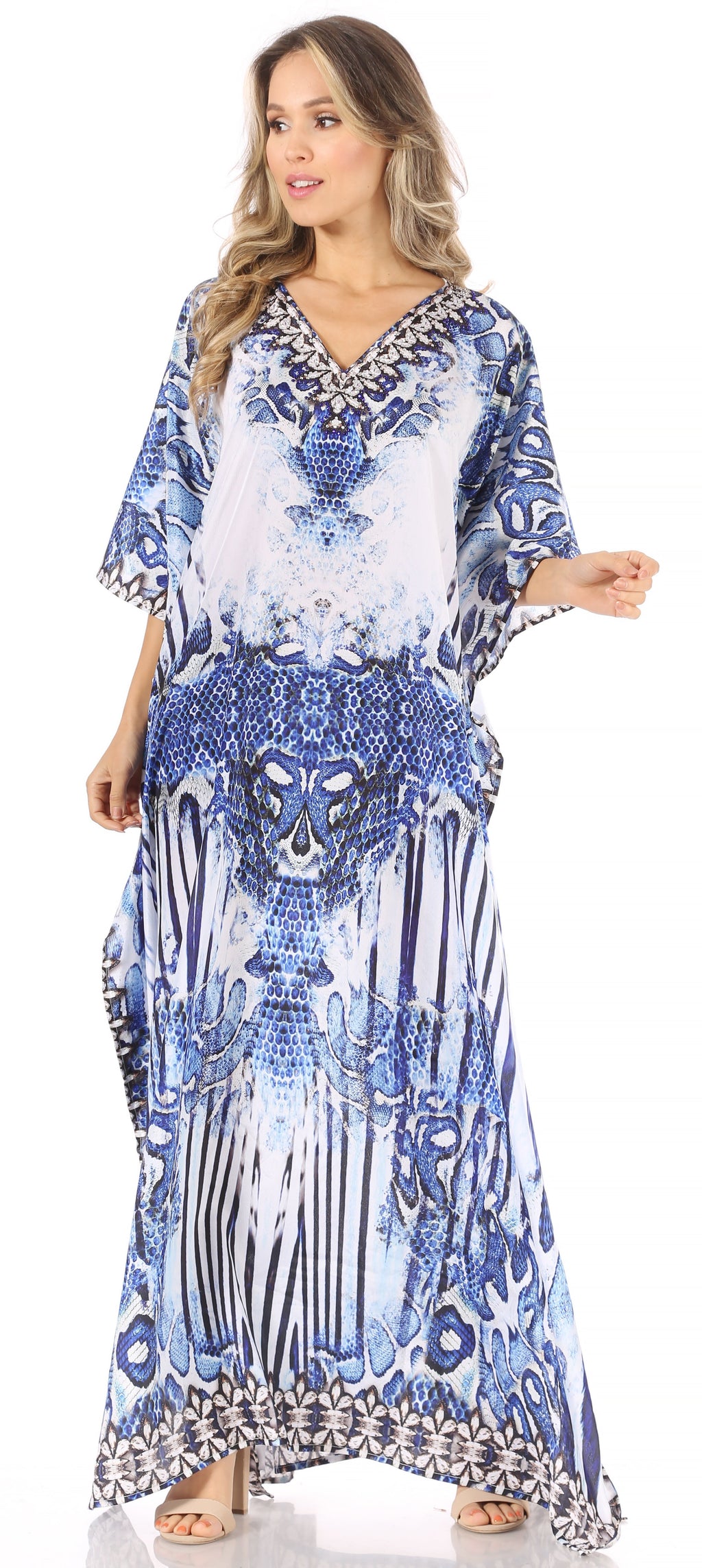 Sakkas Anahi Flowy Design V Neck Long Caftan Dress / Cover Up With Rhinestone