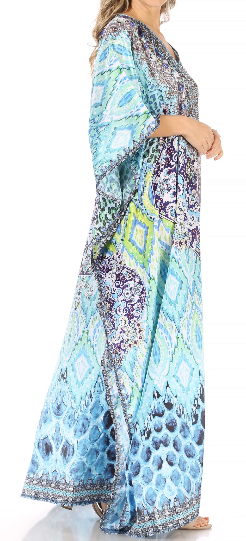 Sakkas Anahi Flowy Design V Neck Long Caftan Dress / Cover Up With Rhinestone