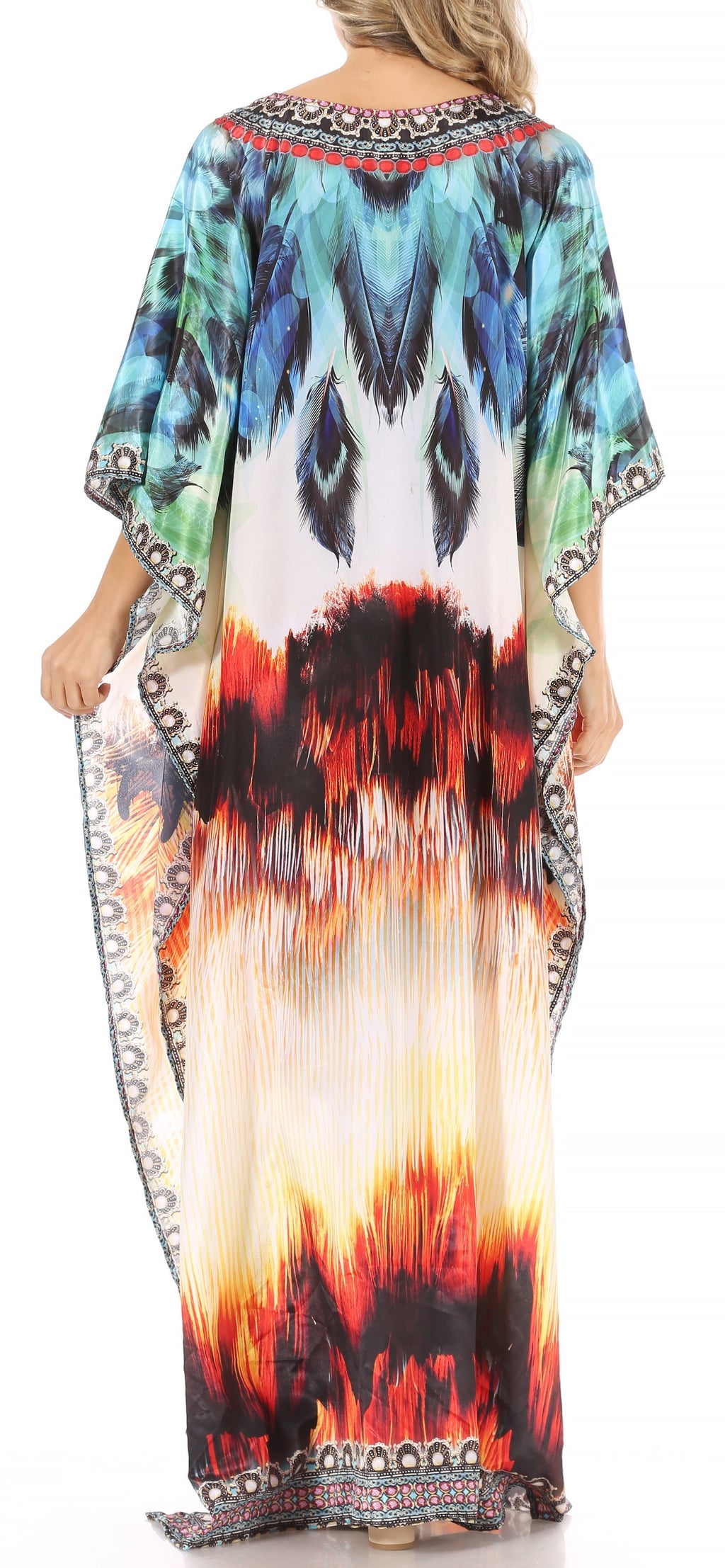 Sakkas Anahi Flowy Design V Neck Long Caftan Dress / Cover Up With Rhinestone